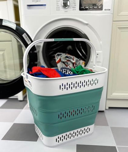 SAMMART 40L (10.5 Gallon) Collapsible Plastic Laundry Basket with Handles - Foldable Pop Up Storage Container/Organizer - Portable Laundry Hamper - Space Saving (1, White/Celadon Green) - color: White/Celadon Green
