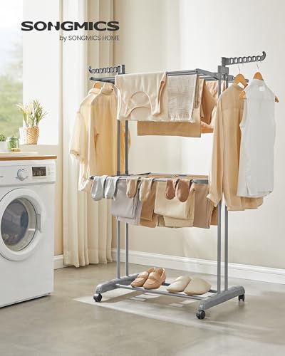 SONGMICS 3-Tier Clothes Drying Rack, Foldable, Rolling, 58.3-Inch Tall - color: Dove Gray, style: 3-Tier