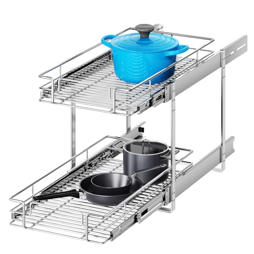 2 Tier Individual Pull Out Cabinet Organizer 14½" W x 21½" D, Heavy Duty Cabinet Pull Out Shelves, Slide Out Drawers Organization for Kitchen Cabinets Bathroom - color: 2 Tier, size: 14½"W x 21½"D
