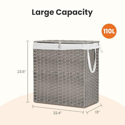 Laundry Basket with Lid, 110 L Large Capacity Hamper, Rattan Laundry Basket with Compartments & Handles, Foldable, Removable Liner, Dove Gray - color: Dove Gray, size: 110 L