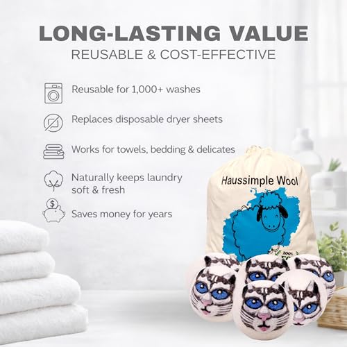 Wool Dryer Balls 6-Pack 100% Natural New Zealand Wool, Handmade in Nepal Reusable Laundry Balls, Faster Drying, Softer Clothes, Anti-Static, Dryer Sheets Alternative (Gray Cat) - color: Gray Cat
