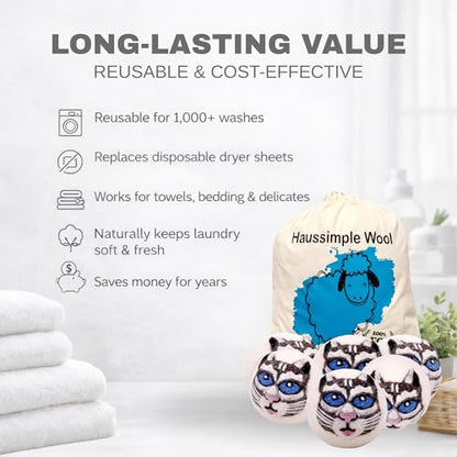 Wool Dryer Balls 6-Pack 100% Natural New Zealand Wool, Handmade in Nepal Reusable Laundry Balls, Faster Drying, Softer Clothes, Anti-Static, Dryer Sheets Alternative (Gray Cat) - color: Gray Cat