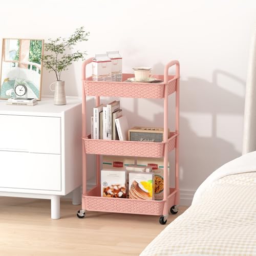 MOYIPIN 3-Tier Plastic Rolling Utility Cart with Handle,Utility,Pink - color: Pink, size: 3-Tiers without cups