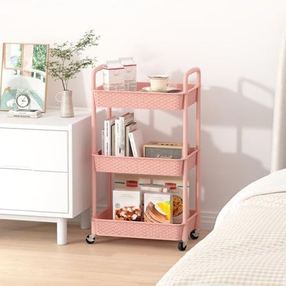 MOYIPIN 3-Tier Plastic Rolling Utility Cart with Handle,Utility,Pink - color: Pink, size: 3-Tiers without cups