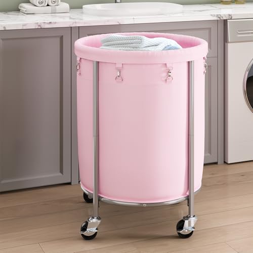 ELYKEN Laundry Basket with Wheels, Round Rolling Laundry Hamper, Pink - color: Pink, size: 190L
