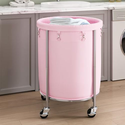 ELYKEN Laundry Basket with Wheels, Round Rolling Laundry Hamper, Pink - color: Pink, size: 190L