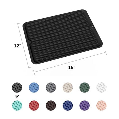 ZLR Silicone Dish Drying Mat for Kitchen Counter, Eco-Friendly Fast Dry Dish Mat, Easy Clean Multi Usage Drying Matt, Heat Resistant Trivet, 12" x 16" Large, Black - color: Black, size: 16" x 12"