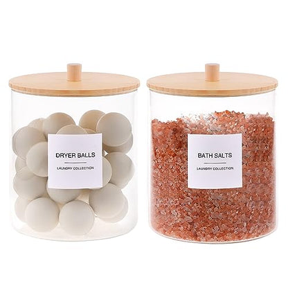 3 Pack Glass Jars and Acrylic Dryer Sheet Holder, Laundry Pods Container with Bamboo Lid and Measuring Cups for Laundry Room Organization, Powder Detergent Containers - color: White