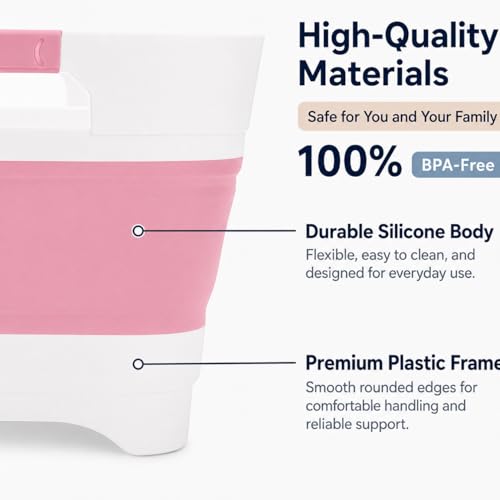 Collapsible Dish Basin with Drain Plug, 2.4 Gal 9L Foldable Wash Basin, Portable Sink Tub for Kitchen, Baby Bottles, Camping, RV, Vegetable Washing and Beverage Tub, Pink - color: Pink