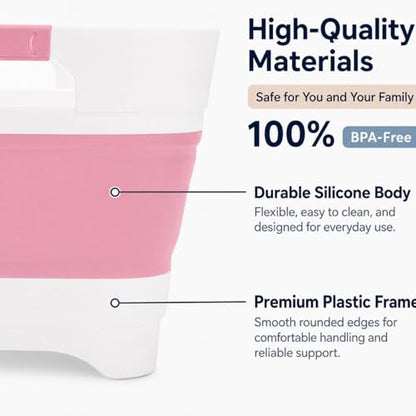 Collapsible Dish Basin with Drain Plug, 2.4 Gal 9L Foldable Wash Basin, Portable Sink Tub for Kitchen, Baby Bottles, Camping, RV, Vegetable Washing and Beverage Tub, Pink - color: Pink