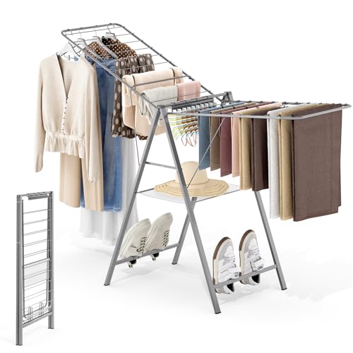 APEXCHASER 6 Height Adjustable Clothes Drying Rack with Shoe Slots, Grey - color: Gray