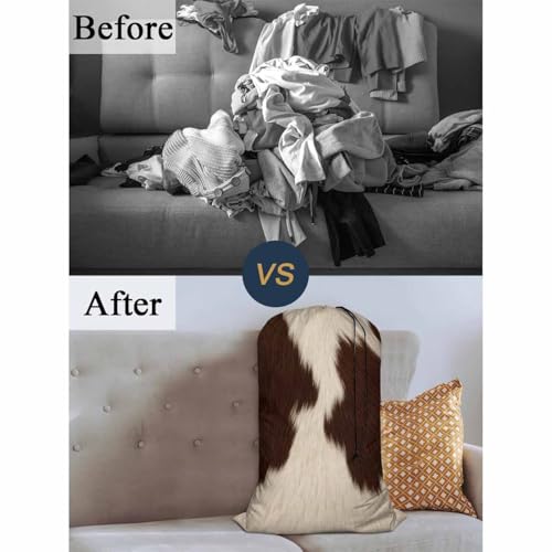 Swono Cowhide Fur Laundry Bag with Drawstring Closure, Foldable, Lightweight, 28"x40" Cow Hair Skin Domestic Animal Dirty Clothes Bag for Home Dorm Road Trip Cruise, Oxford Cloth, Brown White - color: Cowhide Fur