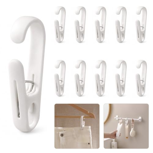ZICO 10-Pack White 2-in-1 Clip Hooks, Multi-Functional Hook Clips with Secure Grip, No-Adhesive Reusable Hanger Clips for Towels, Socks, Shower Curtains, Kitchen Tools, Bathroom, Closet & Laundry