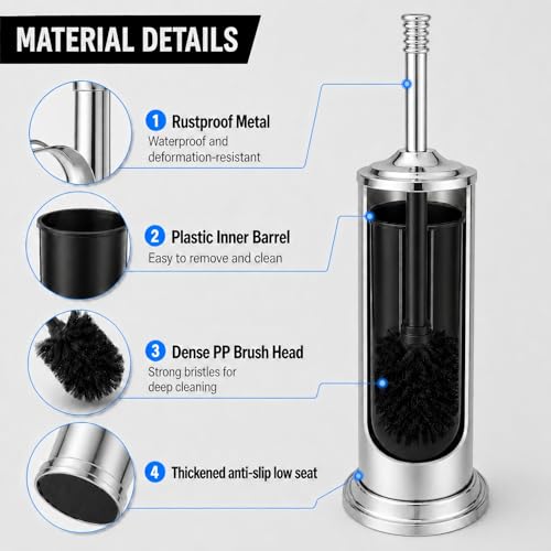 Chrome Toilet Brush and Holder Set，Extra Long Handled Toilet Bowl Brush and Holder，Stainless Steel Heavy Duty Toilet Brush for Bathroom,Deep Cleaning Modern Toilet Cleaner Slip Base - color: Chrome