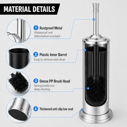 Chrome Toilet Brush and Holder Set，Extra Long Handled Toilet Bowl Brush and Holder，Stainless Steel Heavy Duty Toilet Brush for Bathroom,Deep Cleaning Modern Toilet Cleaner Slip Base - color: Chrome