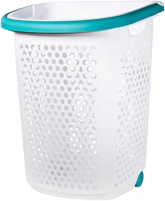 ReMoiz Wheeled Design Clothes Laundry Basket, 70.52 Liter Capacity Mind Reader Basket Collection, 2 Bushel Rolling Plastic Laundry Hamper with Pop-up Handle, White, Large