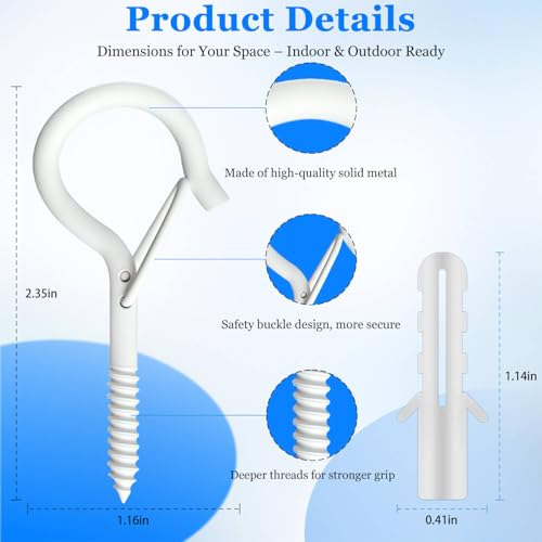 36 Pack White Screw Hooks with Safety Buckle - 2.3 Inch Rustproof Eye Ceiling Hooks for Hanging Plants,Outdoor String Lights,Baskets,Christmas Lights & Decor,40lb Capacity (36, White) - color: White