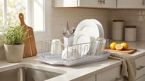 Farberware Classic Large Rust Resistant Full Dishrack with Removable 3 Compartment Flatware Caddy, Andlged Drain Board, 3-Piece, White - color: White