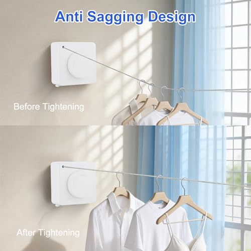 15.7Ft Retractable Clothesline Indoor Outdoor is Also an Anti-sag Clothes line for Indoors, Stainless Steel Wire Retractable Laundry Line for Drying Clothes, with 10 Windproof Clips (White) - color: White