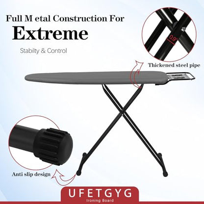 UFETGYG Ironing Board,13" X 43" W/with Iron Rest | Full Metal Construction| Height Adjustable | Heat & Scorch Resistant Fabric | Heavy Duty| Easy to Fold | Anti-Skid Feet |Grey - color: Gray