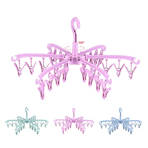 Clothes Sock Drying Hanger with 24 Clips,Foldable Hanging Rack - color: Pink