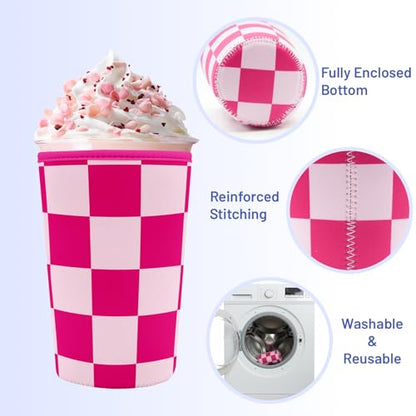 Iced Coffee Sleeve Reusable Neoprene Cup Sleeves, Pink Checkered - color: Pink Checkered