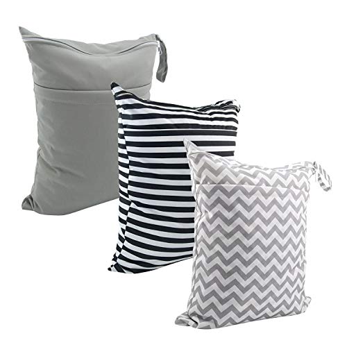 ALVA 3 Pack Wet Dry Bags for Cloth Diapers, Swimsuits & Gym Clothes, Waterproof Reusable Baby Diaper Bag with 2-Zippered Compartments, Hanging Strap, Machine Washable, Medium for Dayca - color: Classic color