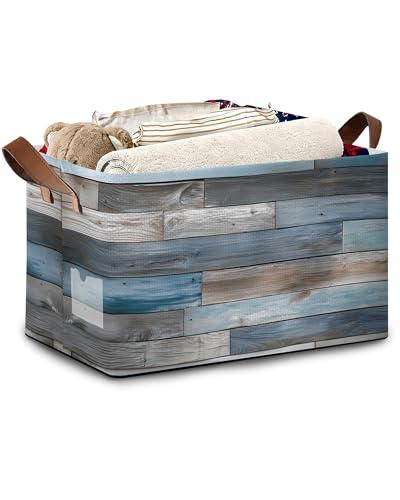 Vintage Wood Grain Storage Baskets,Barn Wooden Foldable Large Capacity Organizer Bins with Waterproof Lining and Leather Handles for Closet,Shelf,Bedroom 17x11.5x10Inch - color: Vintage Wood Grain Barn Wooden