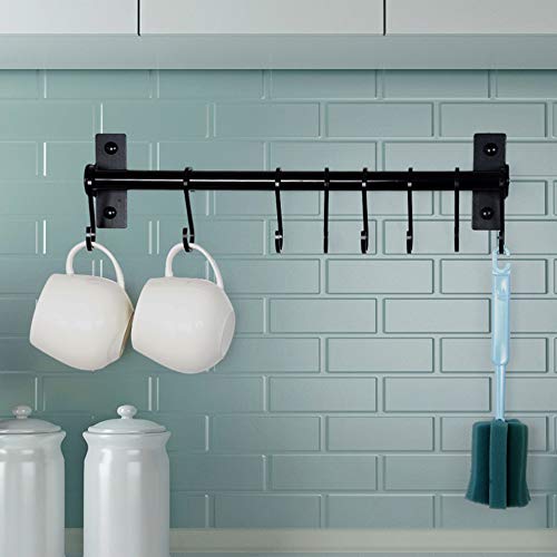 Dseap Kitchen Utensil Holder Hanger, Pot and Pan Rack Wall Mounted, Kitchen Rail with 8 Hooks for Hanging Cooking Utensils, Mugs, Spoons, Wall Mounted, Black - color: Black