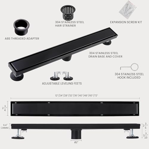 28-Inch Linear Shower Drain, 2-in-1 Reversible Tile Insert Grate, Black 304 Stainless Steel Floor Drain with Hair Strainer & Leveling Feet, Modern Bathroom Shower (Drain Base Not Included) - color: Matte Black, size: 28 inch