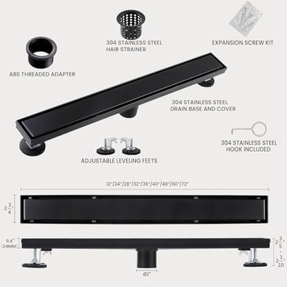 28-Inch Linear Shower Drain, 2-in-1 Reversible Tile Insert Grate, Black 304 Stainless Steel Floor Drain with Hair Strainer & Leveling Feet, Modern Bathroom Shower (Drain Base Not Included) - color: Matte Black, size: 28 inch