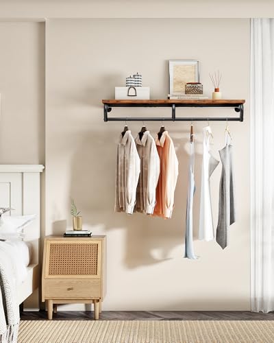 CHOEZON Wall Mounted Clothes Rack, Metal Garment Rack with Top Shelf, Laundry Storage Shelf with Hanging Rod, for Laundry Room, Bedroom, Entryway and Storage Room, Rustic Brown and Black TYM02BF - color: Rustic Brown, Black