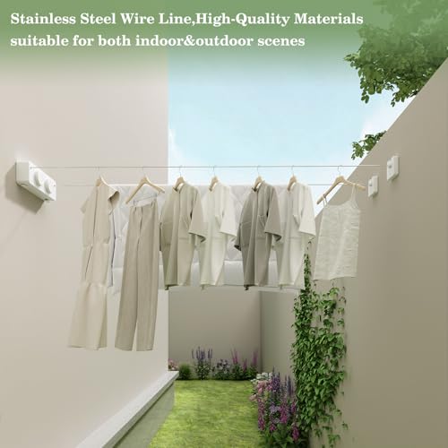 Danpoo Retractable Clothesline, Anti-Sag Adjustable Knob Heavy-Duty Clothes Line for Indoors/Outdoors with 2 * 13.8ft Stainless Steel Wire, Laundry Wall Drying Solutions - style: White