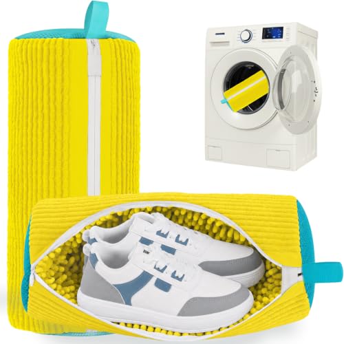 Shoe Washing Machine Bag Laundry Shoe Bag for Washer and Dryer Reusable 2pc Shoe Cleaning Bags for Sneakers 360 Deep Cleaning for All Shoes Types with Invisible Zipper - color: Pale Yellow