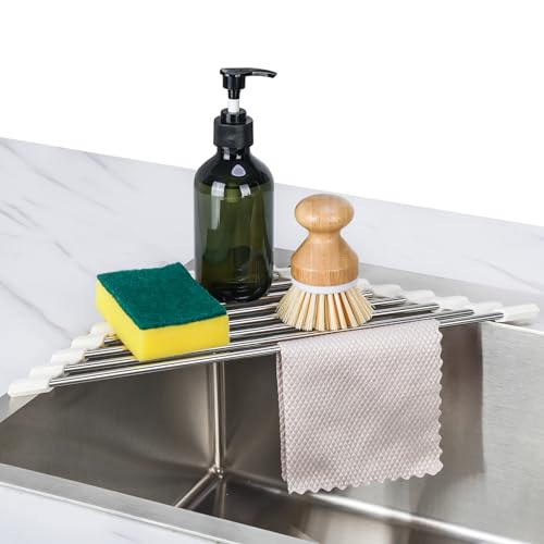 Tomorotec Triangle Roll-Up Dish Drying Rack Sink Corner Small Foldable Stainless Steel Over The Sink Multipurpose Kitchen Drainer Caddy Organizer Storage Shelf Holder (Coconut Milk White) - color: White