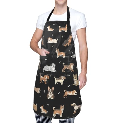 Perinsto Waterproof Apron With 2 Pockets Kitchen Chef Aprons Bibs For Cooking Baking Painting Gardening Grooming - color: Dog Black