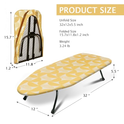 SheeChung Small Ironing Board 12"x32",Mini Ironing Board with Metal Mesh - style: Yellow Semicircle-32"x12"
