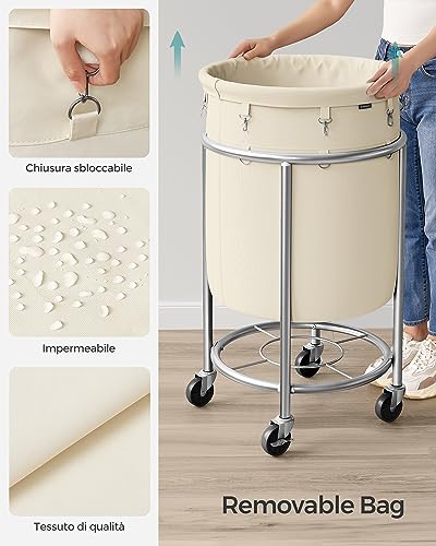 SONGMICS Laundry Basket with Wheels, 29 Gal., Steel Frame, Removable Bag - color: Cream White + Metallic Silver, size: 110 L (1-Section)