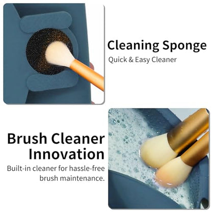 Travel Silicone Makeup Brush Holder with Cleaning Pad and Magnetic Closure - color: Dark Blue