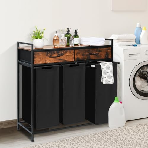 180L Laundry Sorter Hamper Basket 3 Section with Shelf & 2 Drawers - color: Brown, size: 180L