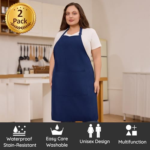 2 Pack Plus Size Waterproof Cooking Chef Apron with 2 Pockets for Men Women - color: Navy Blue