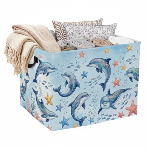 Dolphin Laundry Hamper, 56L Large Foldable Laundry Basket with Handles, for Family Clothes, Toy Storage Bin, Blankets,Decorative Organizer for Shelves & Closet Home Decor Bedroom & Nursery - color: Dolphin