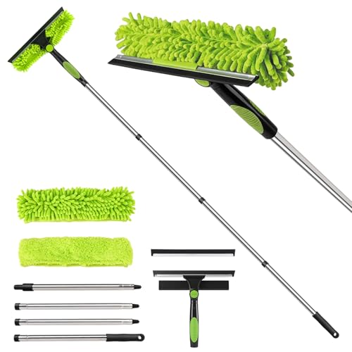 67" Window Squeegee for Window Cleaning with Extension Pole, 3-in-1 - color: Green