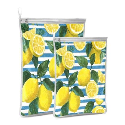 Mesh Laundry Bags Lingerie Bags for Washing Delicates 2 PCS Durable Wash Bag with Zipper Small and Medium Washable Blue Striped Summer Lemons - color: Blue Striped Summer Lemons