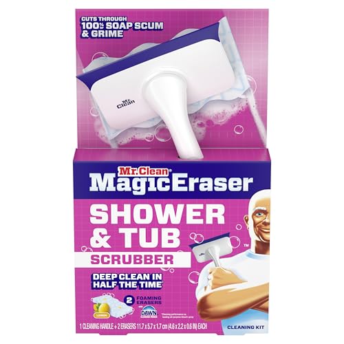 Mr. Clean Magic Eraser Shower & Tub Scrubber, Bathroom Cleaner, All in One Bathroom Cleaner, Lemon Starter Kit, 2 Scrubber, 5 Foaming Magic Erasers, 1 Whole Home Extra Durable Magic Eraser - size: 2 Devices + 6 Refills