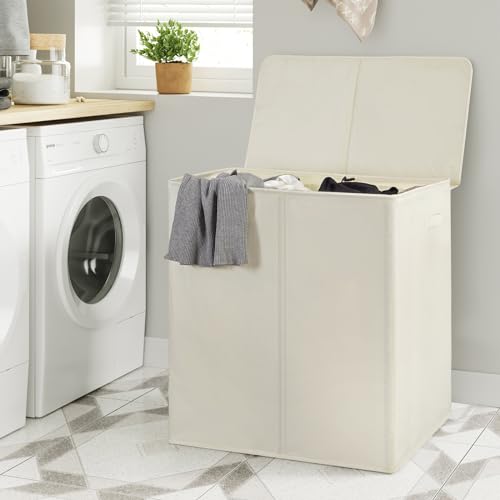 WOWLIVE 180L Double Laundry Hamper 2 Section with Lid and Removable Bags - color: Beige, size: 180L (24.8 x 16.2x 27.6 Inches)