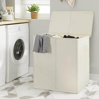 WOWLIVE 180L Double Laundry Hamper 2 Section with Lid and Removable Bags - color: Beige, size: 180L (24.8 x 16.2x 27.6 Inches)
