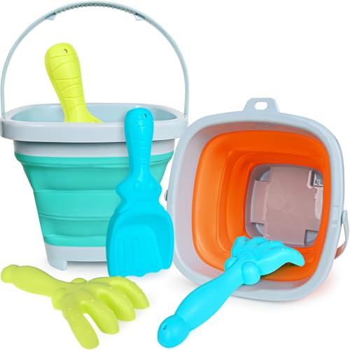 GKDOMS Kids Beach Toys Set with Collapsible Bucket, Sand Rake and Shovel - color: Two Mix