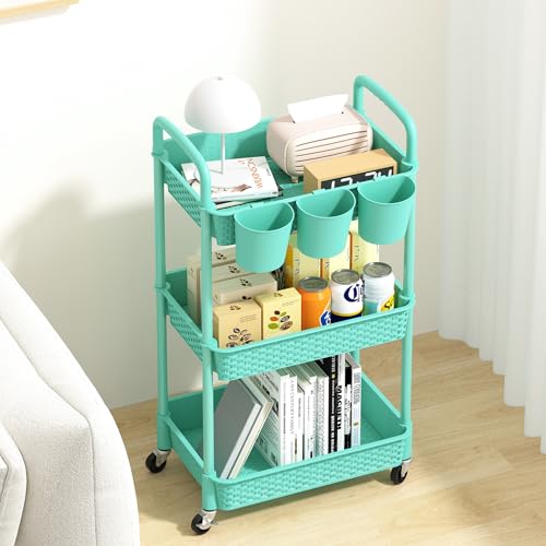 MOYIPIN 3-Tier Plastic Rolling Utility Cart with Handle,Turquoise - color: Turquoise, size: 3-Tiers with cups