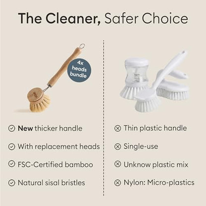 Vove Bamboo Dish Brush Bundle, Scrub Brush and 3 Replacement Heads - style: Brush Bundle - Scrub & Dish brush set